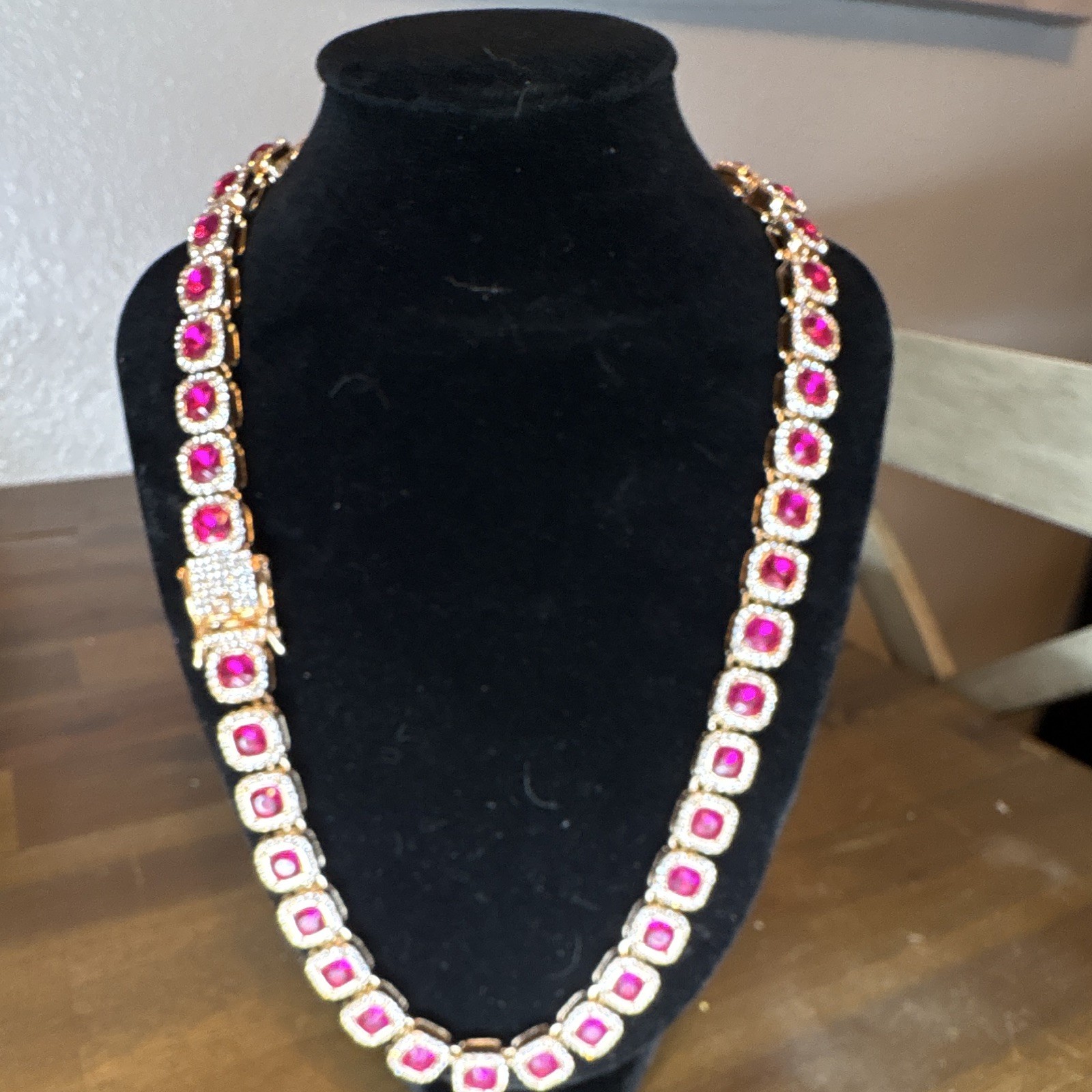 Gold Tone Pink Cushion Stone & Clear Accent Link Statement Necklace Adjustable