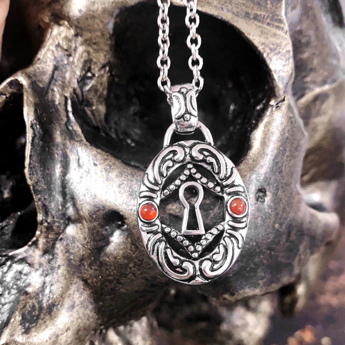 Keyhole necklace oval both side stainless steel pendant 4 Red Agate By Controse