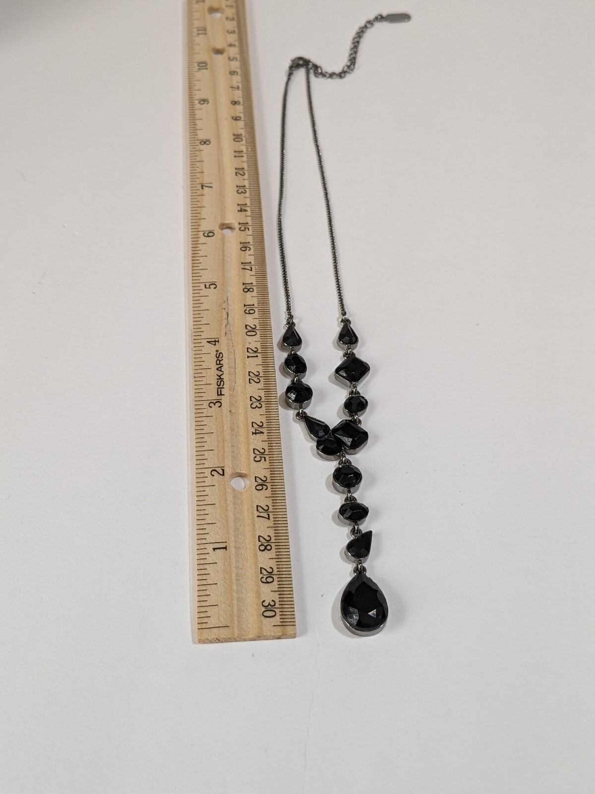 JLO Gun Metal Gray Y Drop Pendant Necklace With Black Acrylic Faceted Beads. 15″