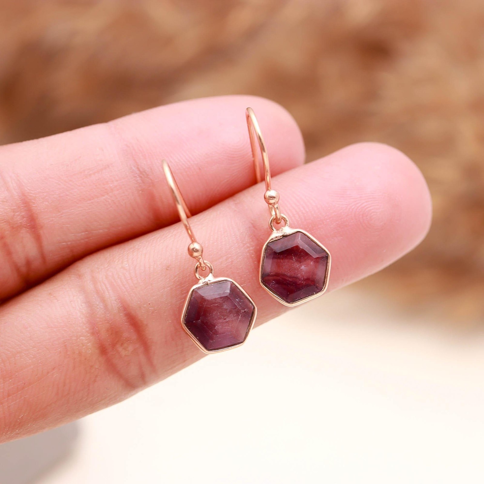 Natural Fluorite Hexagon Dangle Earrings Rose Gold Plated Solid Silver Jewelry