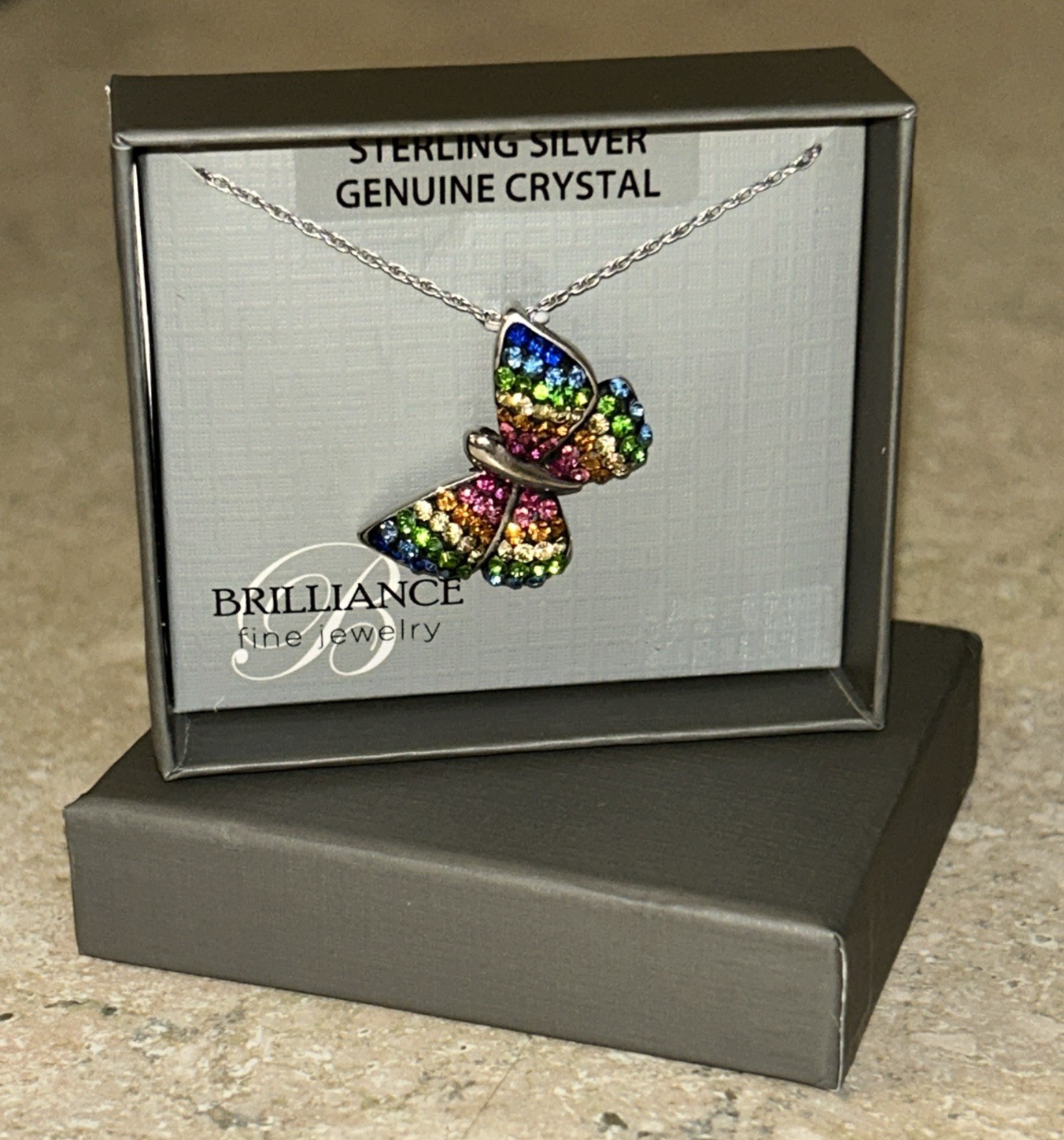 Brilliance Fine Jewelry Sterling Silver & Crystal Butterfly 18” Necklace NIB!