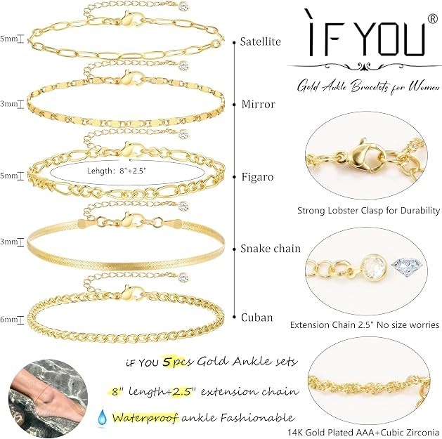 Gold Ankle Bracelets for Women, 14k Gold Plated Waterproof Cuban Link Chain Ankl
