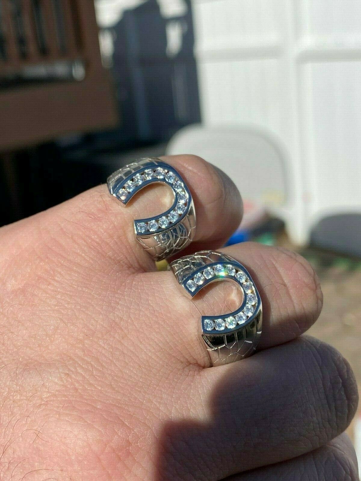 Men’s Real Solid 925 Sterling Silver Lucky Horseshoe Ring Iced CZ Hip Hip Pinky