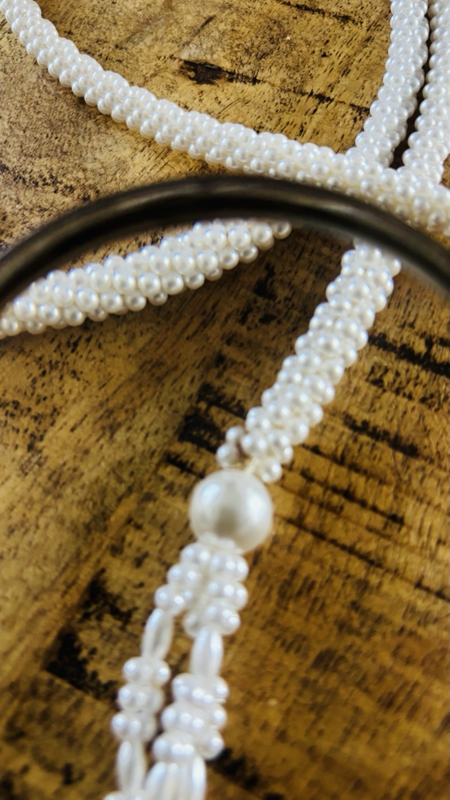 Faux Seed Pearl Lariat Necklace Woven Slider Tassel Flapper Boho VTG