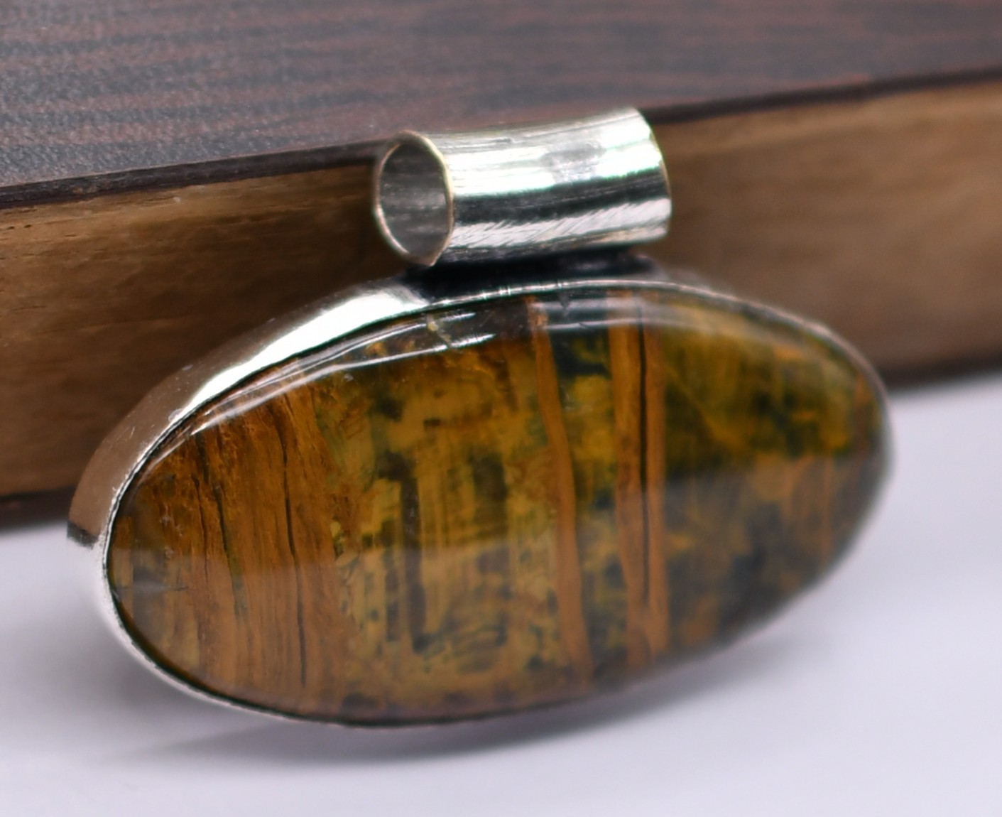 Tiger Eye Natural Gemstone Antique Silver Plated Pendant 1.5″ J 1670