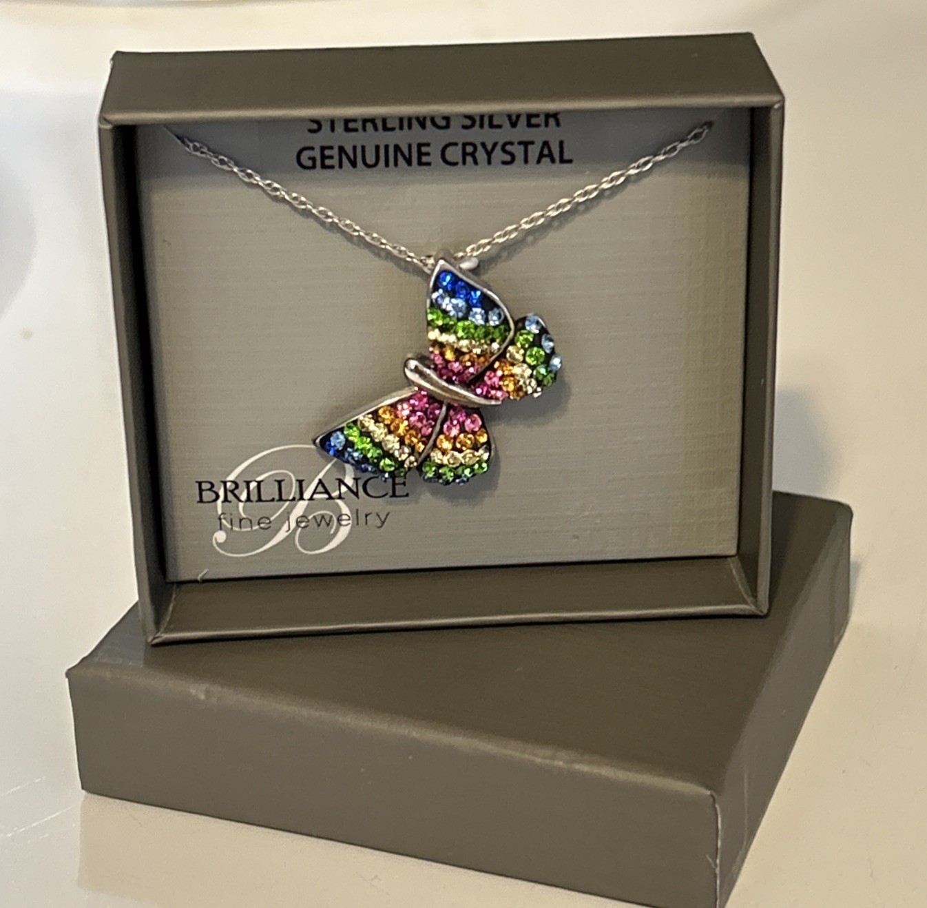 Brilliance Fine Jewelry Sterling Silver & Crystal Butterfly 18” Necklace NIB!