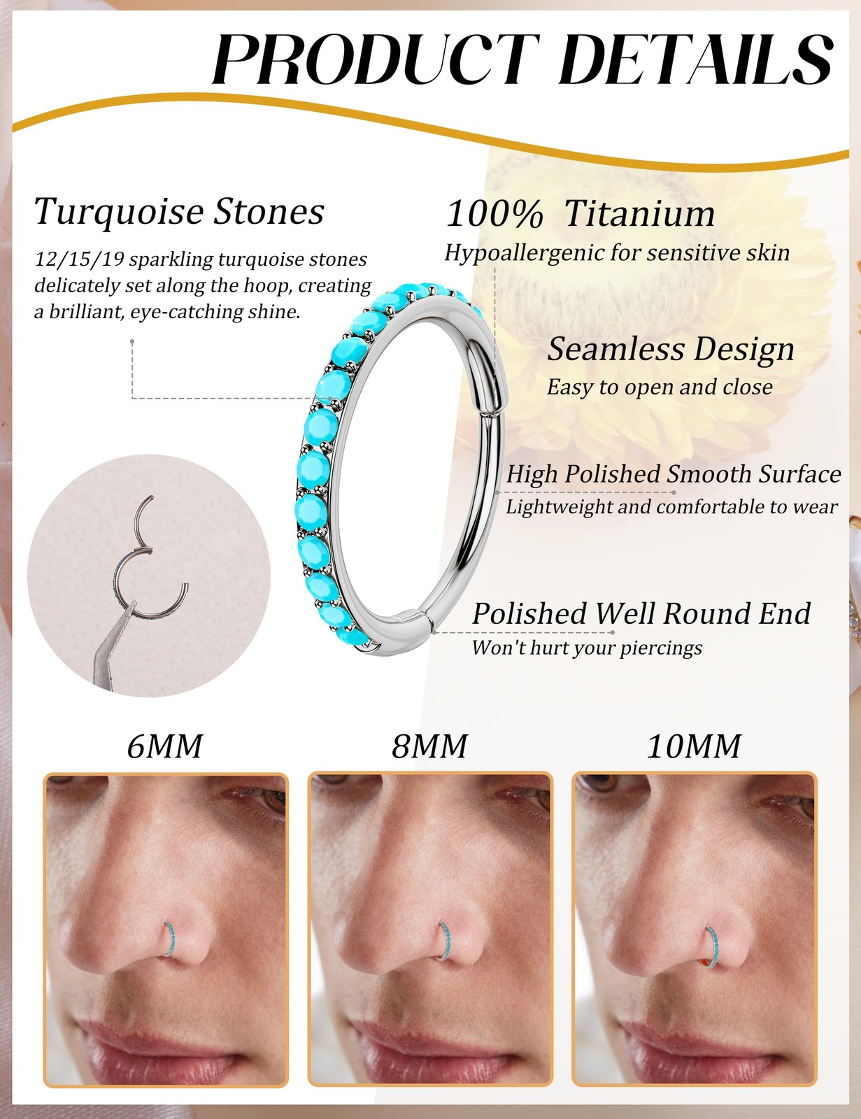 Titanium Nose Rings Hoops 20G Septum Clicker for Men Turquoise Hinged Segment…