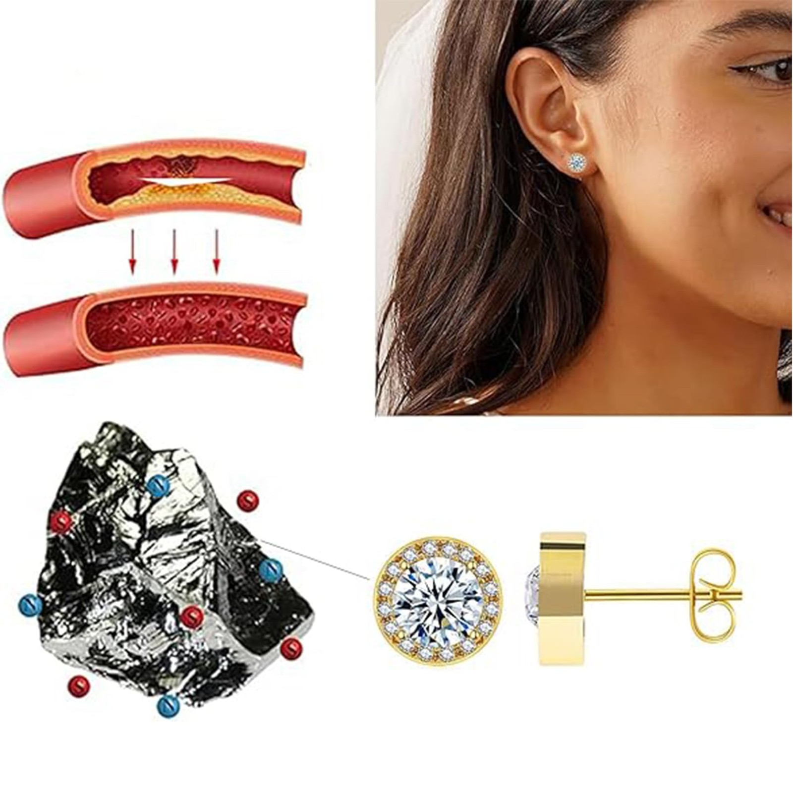 Earrings Germanium Lymphatic Drainage Therapy Lymph Detox Sparkly CZ Stud Gold