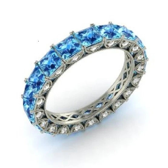 3.75 Ct Natural Blue Topaz & Diamond Anniversary Band 14K Real White Gold