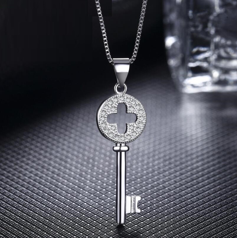 4-leaf Lucky Clover Key Silver SP Pave Cubic Zirconia Pendant Necklace
