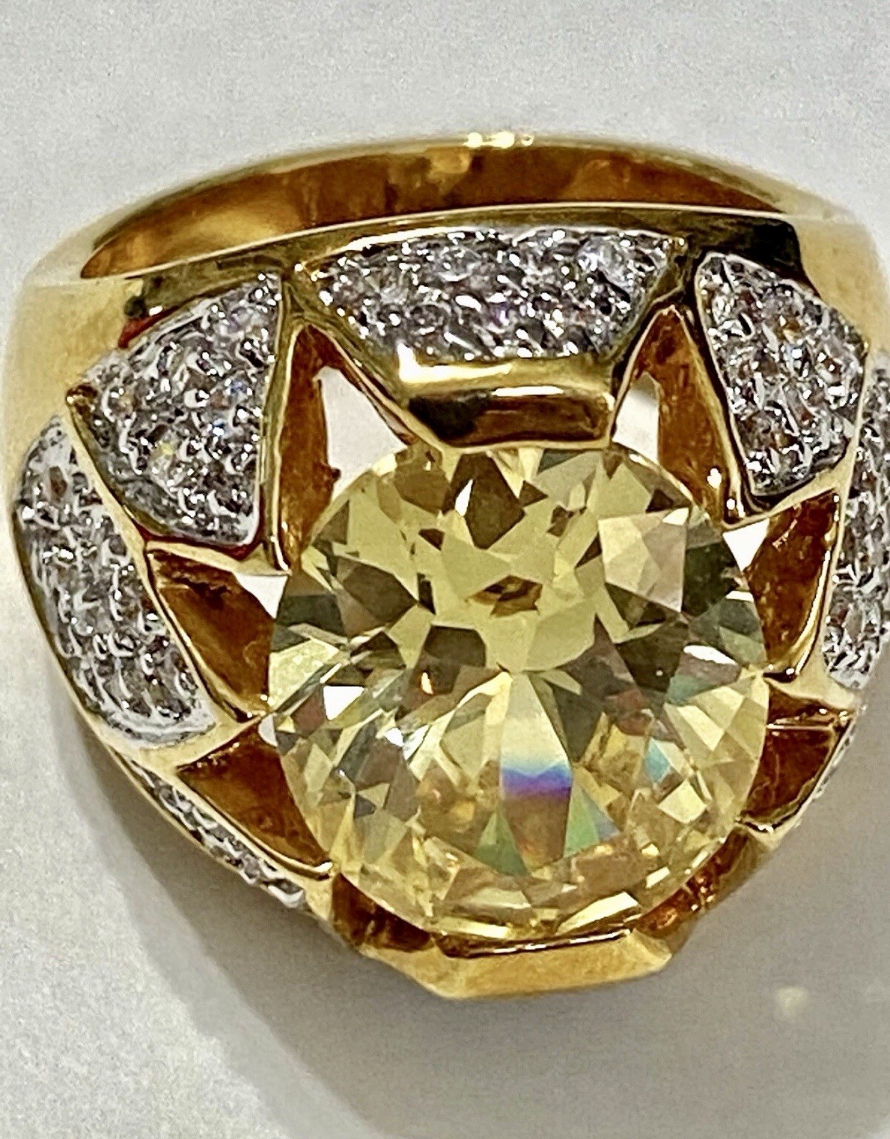 RJG Designer Shiny Statement Gold Tone Faux Citrine Diamond Cocktail Ring Sz 6.5