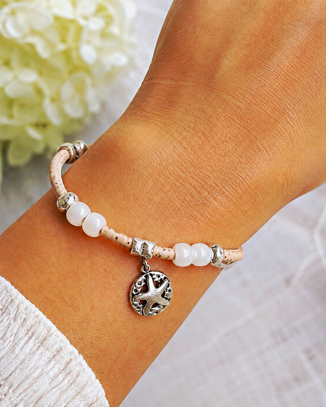 Beige & White Beaded Cord Bracelet Adjustable Slide Starfish Dangle Charm