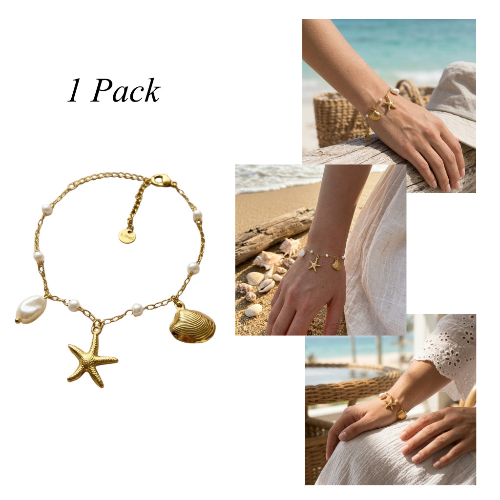 Gold Plated Starfish Shell Pearl Bracelet Adjustable Ocean Theme Chain Jewelry