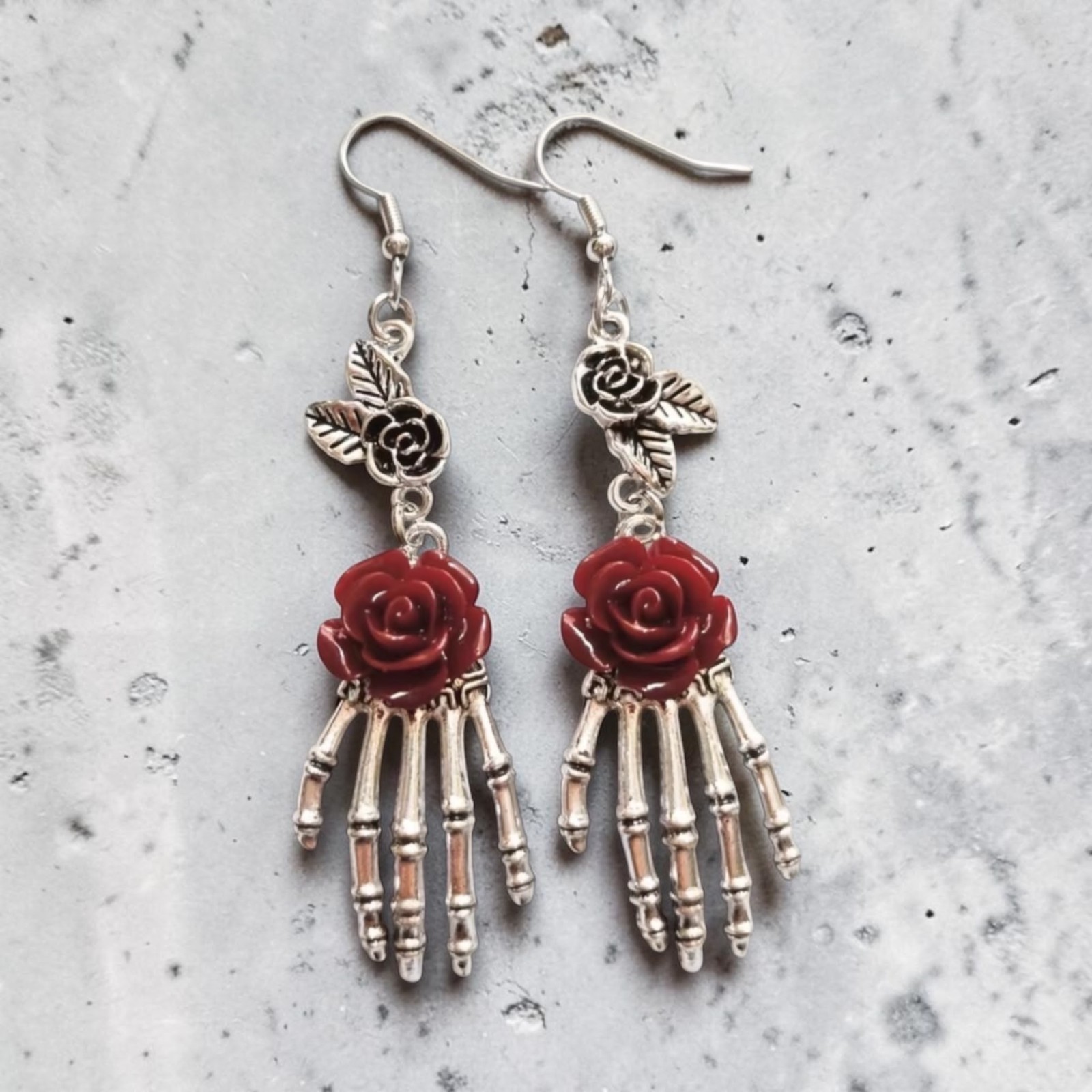 Gothic Skeleton Hand Red Rose Dangle Earrings Edgy Alt Halloween Jewelry