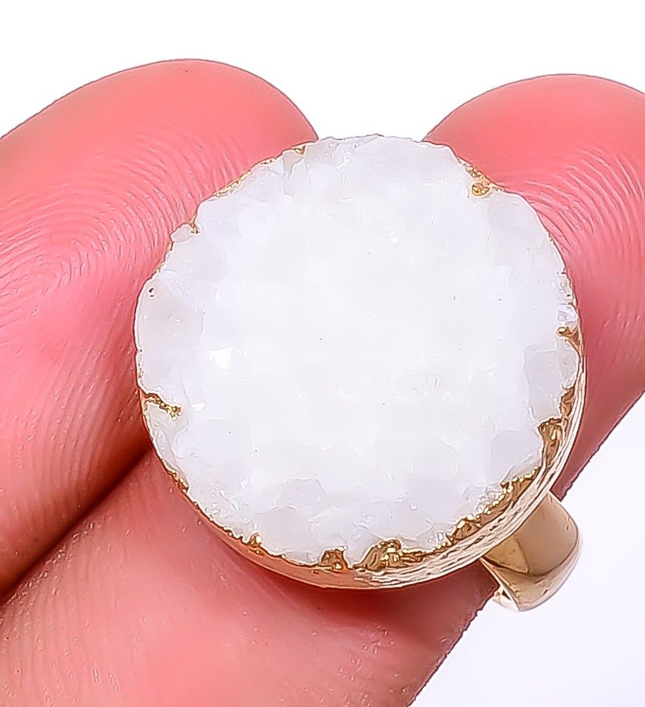 White Quartz Drusy Electroformed Gold Plated Brass Ring Size Adjustable (R16)