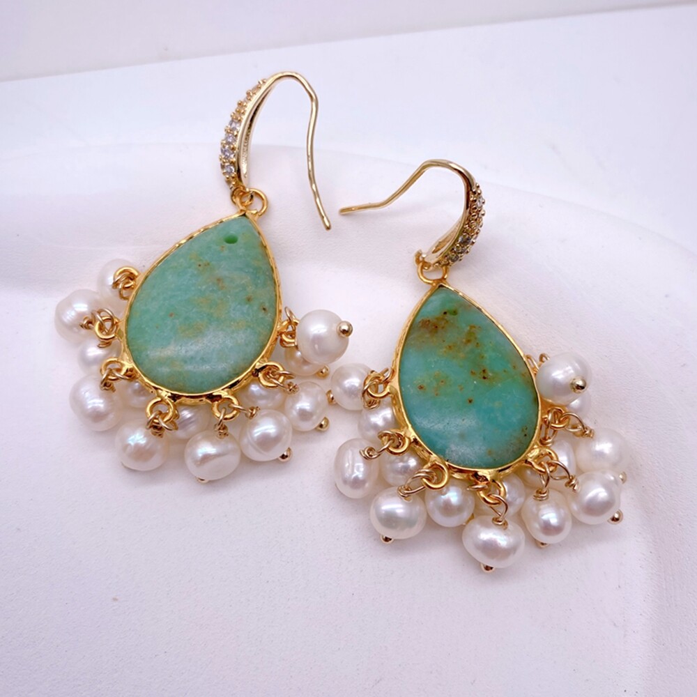 Natural Green Chrysoprase Cultured White Pearl Dangle Earrings
