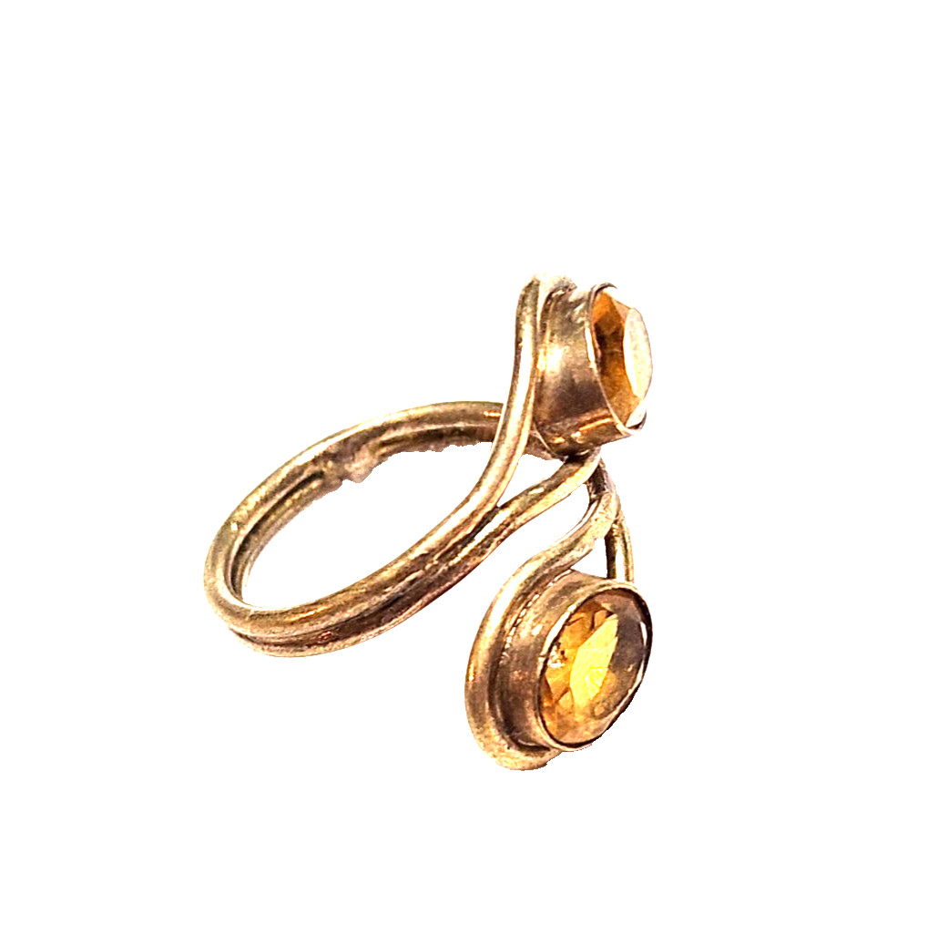Artisan Yellow Citrine Faceted Oval Wrap Statement Ring Sz 7.5 Gold Tone Boho