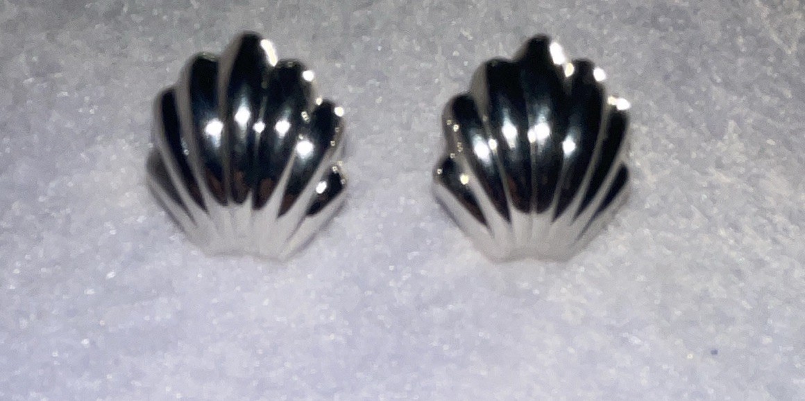 Vintage Monet Shell Stud Earrings Silver Tone
