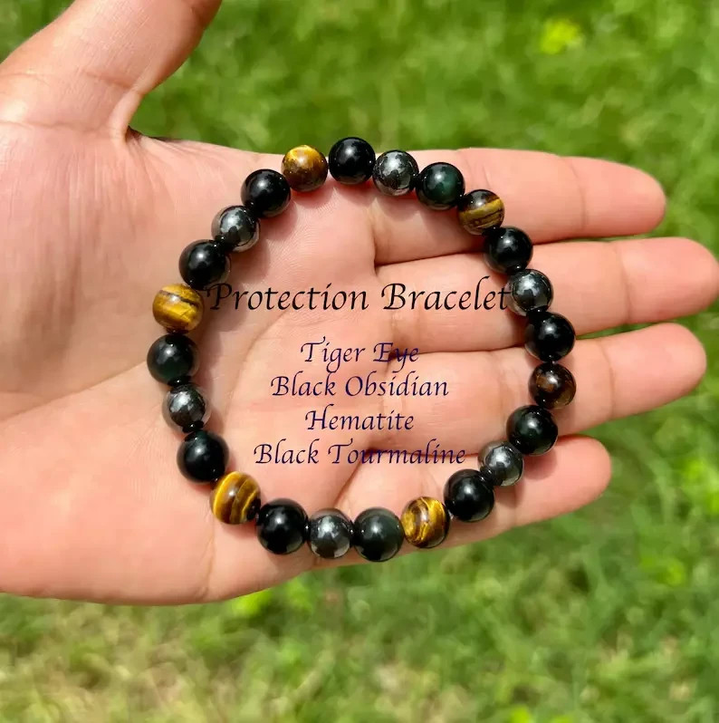 2 PCS Triple Energy Protection Bracelet 8mm Gemstone Beaded Healing Woman Gifts