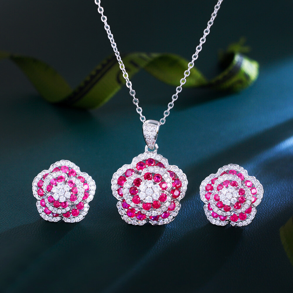 Flower Necklace Earrings Set Silver Plated Fashion Brand CZ Women Party Jewelry