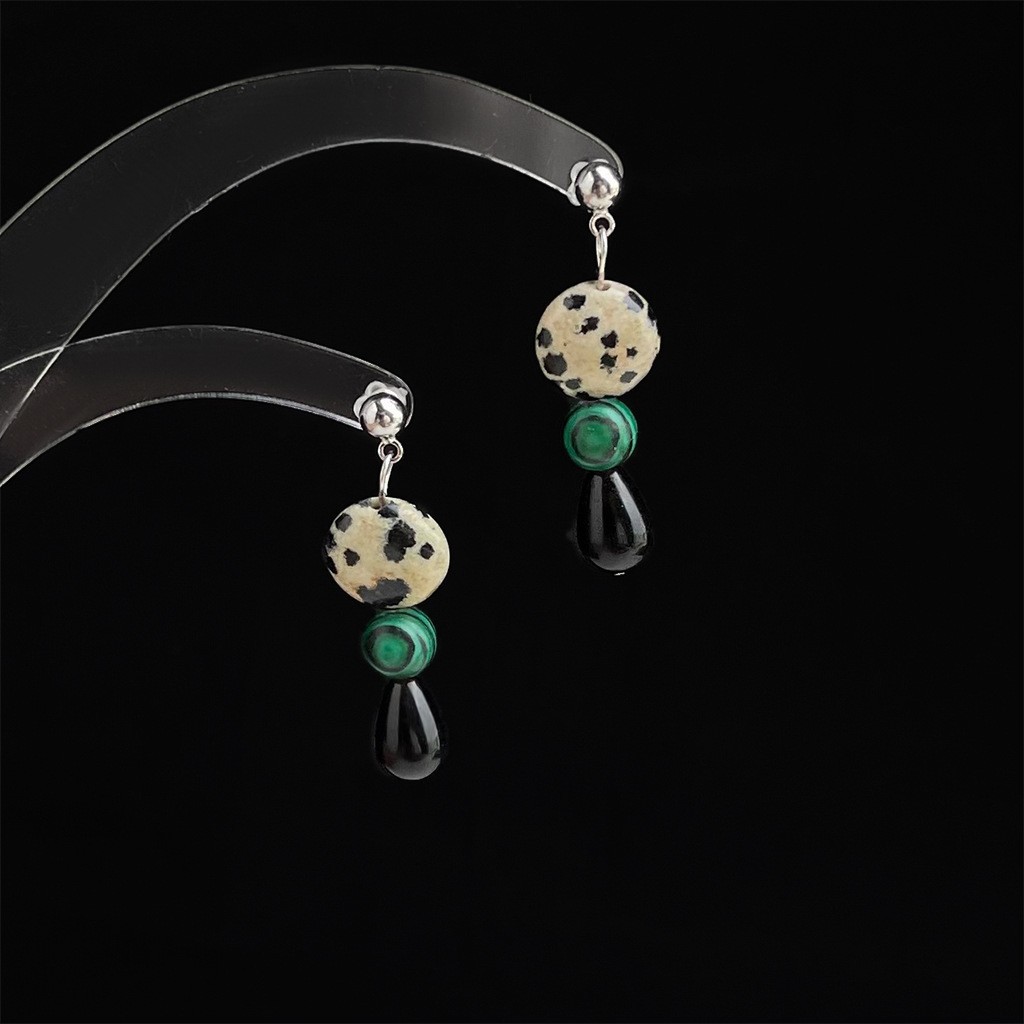 Handmade Dalmatian Jasper Malachite Black Agate Drop Earrings Dangle Jewellery