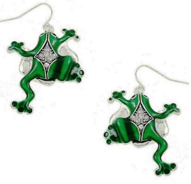 FROG Rhinestone Dangling-Green Enamel & Rhinestone Hook Earrings-1 3/4 inches