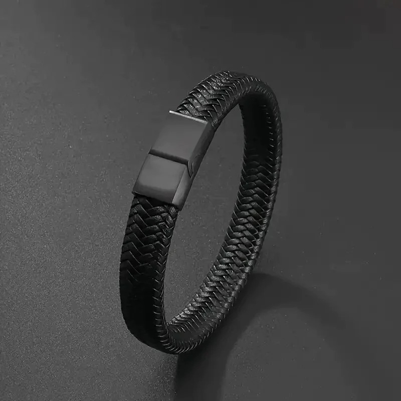 Men’s Black PU Leather Magnetic Bracelet Stylish Cuff Bangle Jewelry Gift