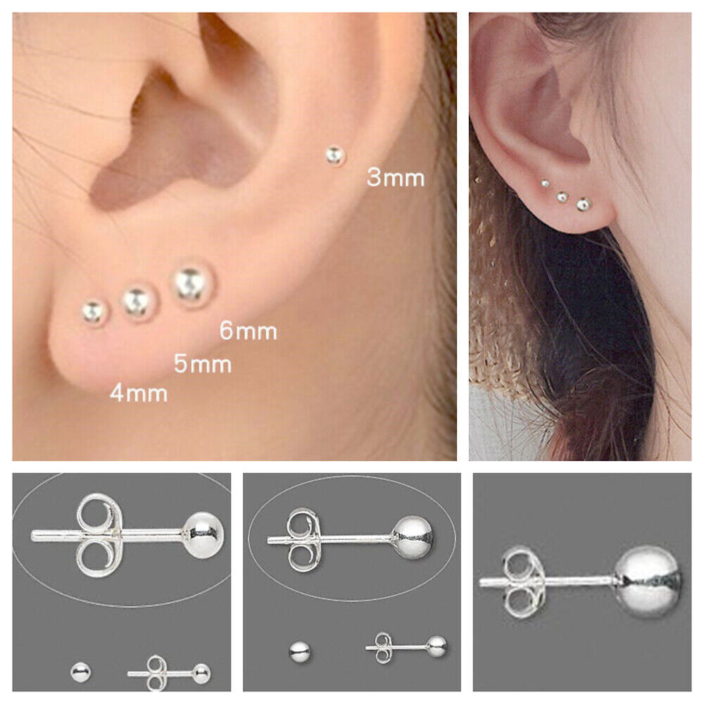 2/3/4/5/6mm 925 Sterling Silver Polish Round Ball Stud Earrings Post Black H8