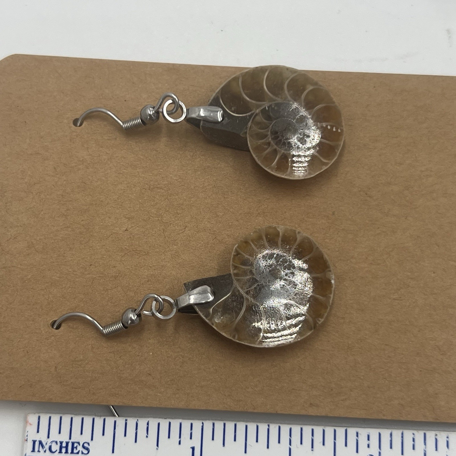 Natural Ammonite Fossil Gesmtone Silver Earrings Handmade Lightweight Miniature