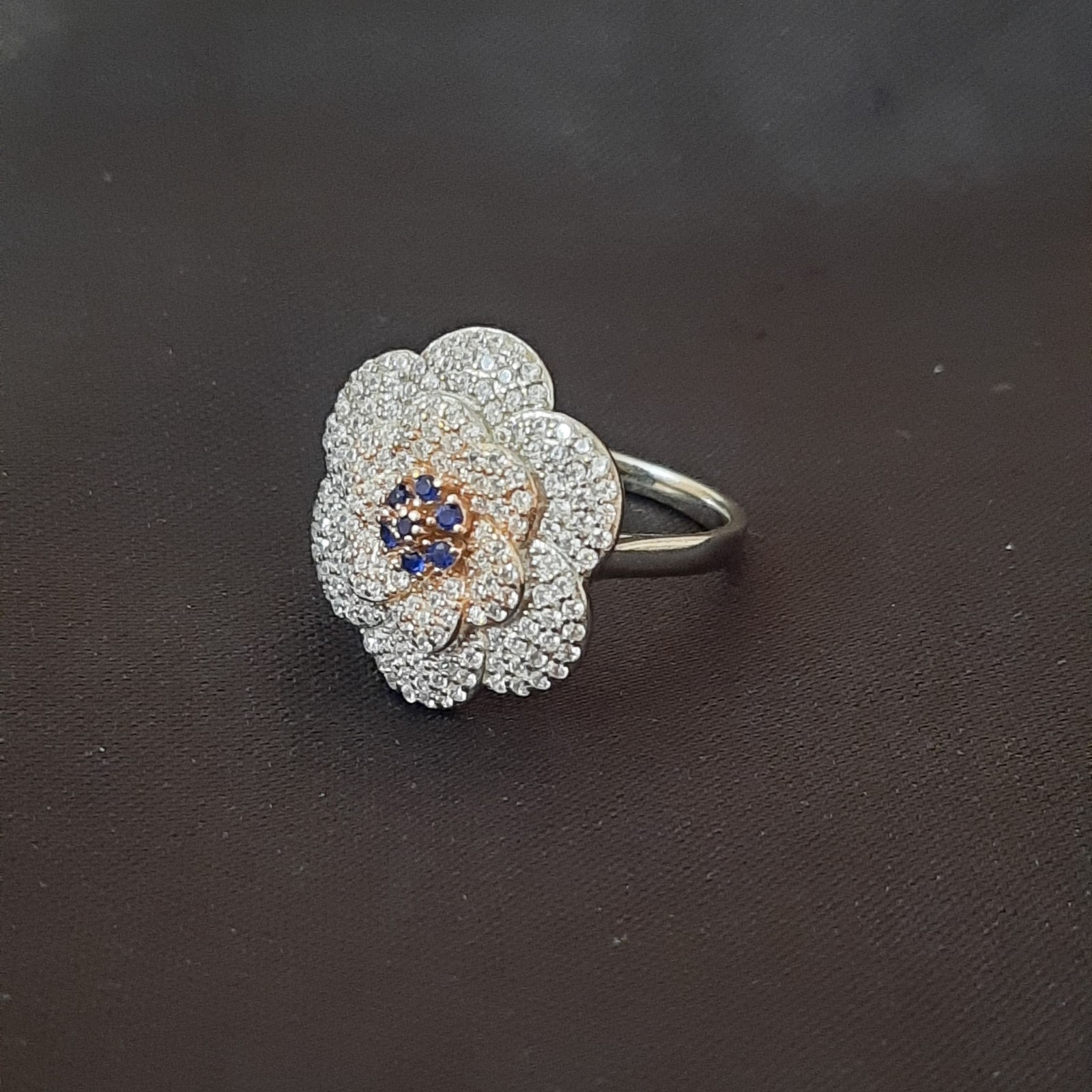 Flower CZ Ring with Blue Stone in Sterling Silver 925, Statement Ring 6.8