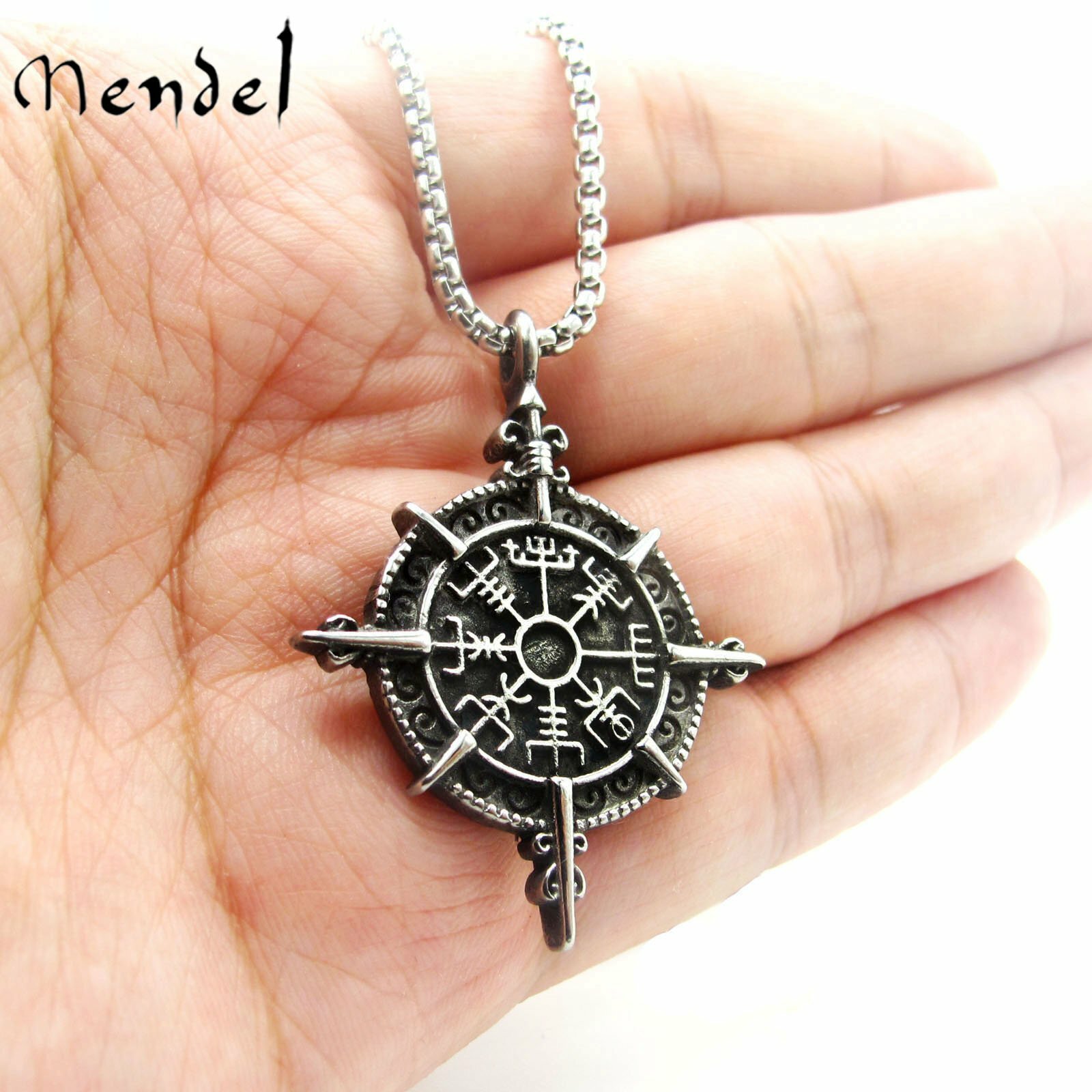MENDEL Stainless Steel Boys Mens Viking Vegvisir Compass Pendant Necklace Amulet