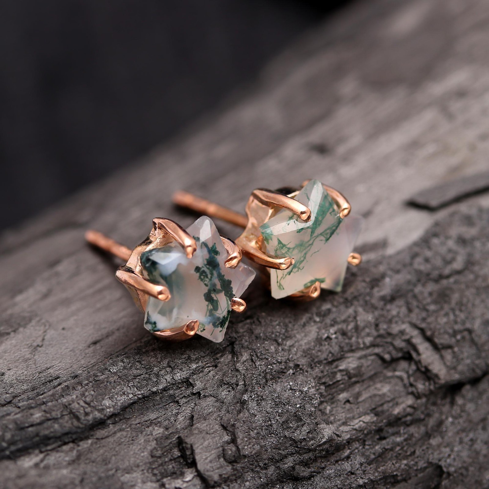 Natural Moss Agate Star Stud Earrings Rose Gold Fill 925 Sterling Silver Jewelry