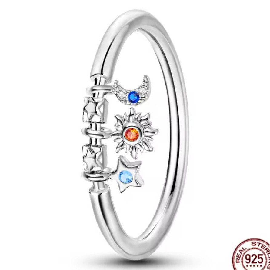 S925 Sterling Silver Celestial Charm Band Ring Sun Moon Stars Crystal Sz 8