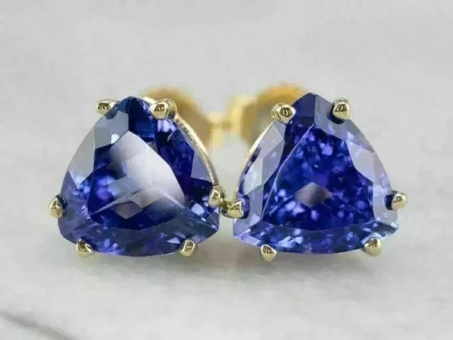 14k Yellow Gold Plated 2Ct Trillion Cut Blue Tanzanite Solitaire Stud Earrings