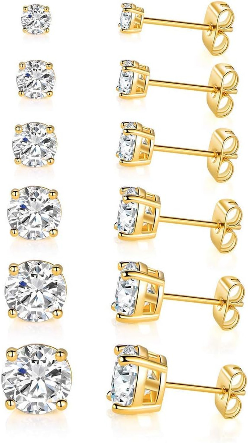 6 Pairs 14K Yellow Gold Plated round Cut Clear Cubic Zirconia Stud Earring Pack