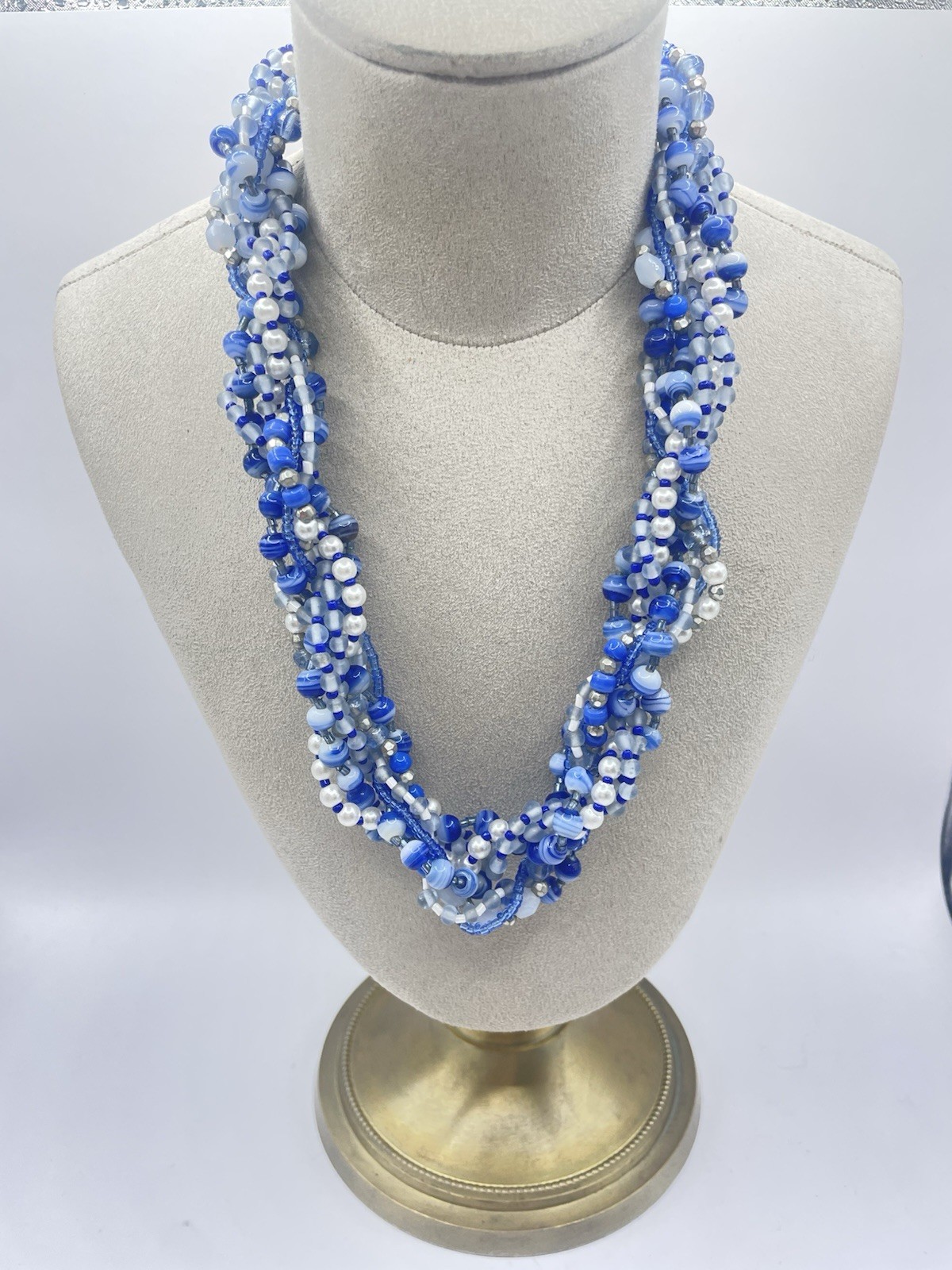 M&S Blue Glass Acrylic & Faux Pearl Multi Stranded Twist Bead Statement Necklace