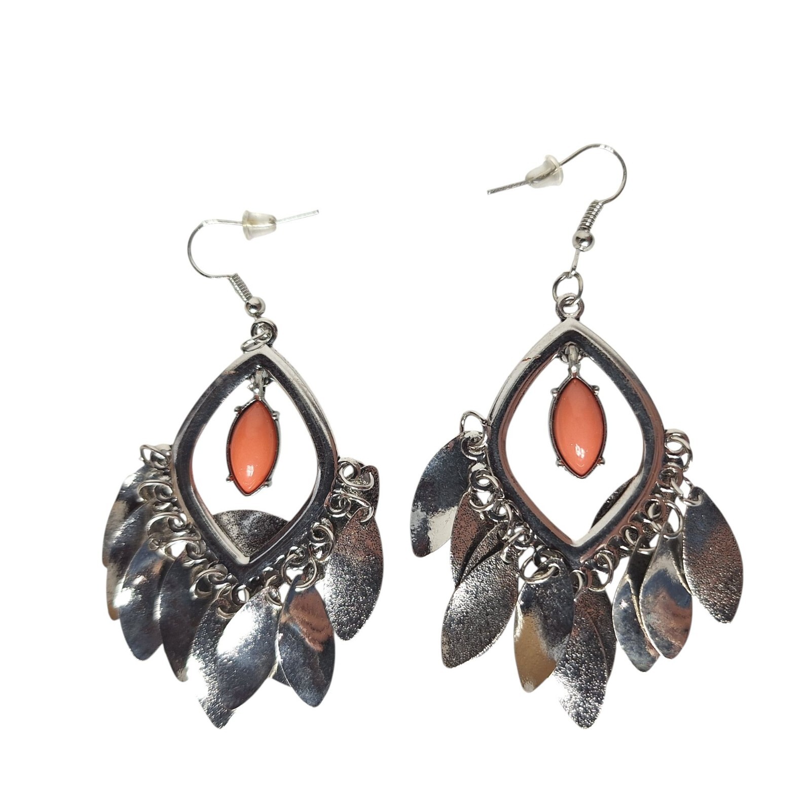 Elegant Silver Tone & Coral Dangling Teardrop Earrings With Leaf Charms