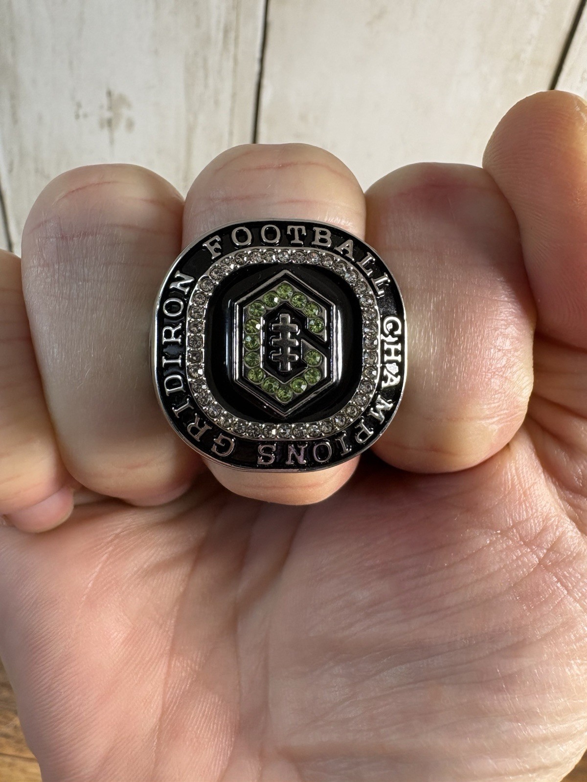 Gridiron Champions Silver Tone Ring size 11 Silver, Black, Green Novelty Chrome