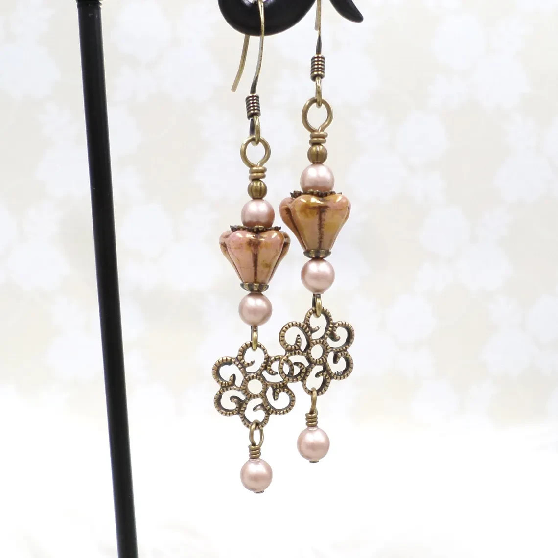 Victorian Style Brass Filigree Blush Pink Flower & Pearl Necklace Set