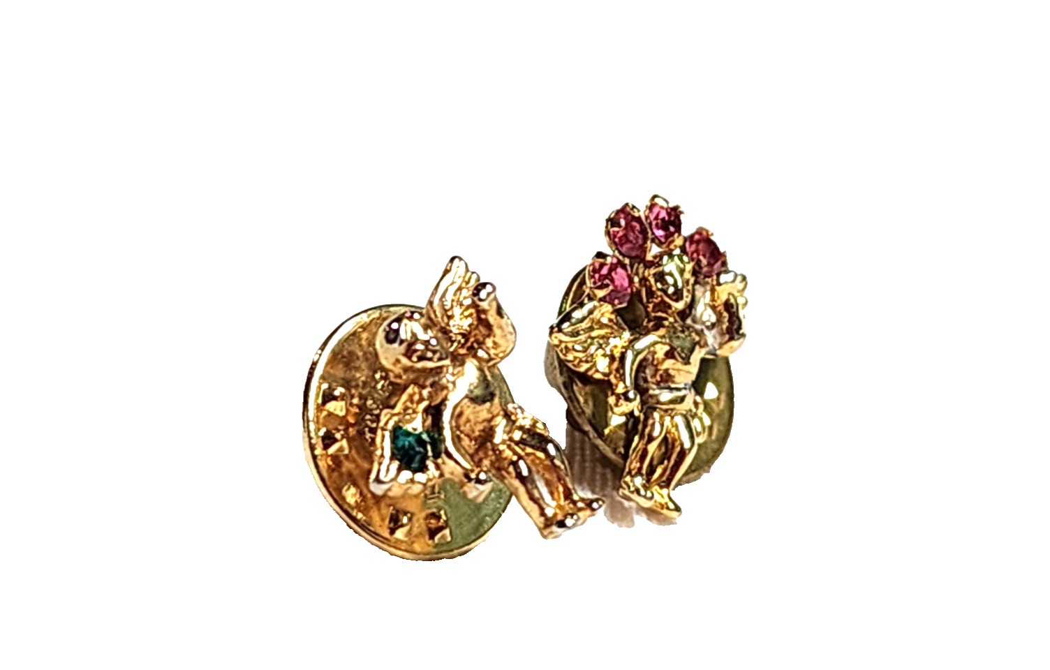 Lot Of 2 Vintage Guardian Angel Cherub Pins Pink & Green Rhinestones Gold Tone