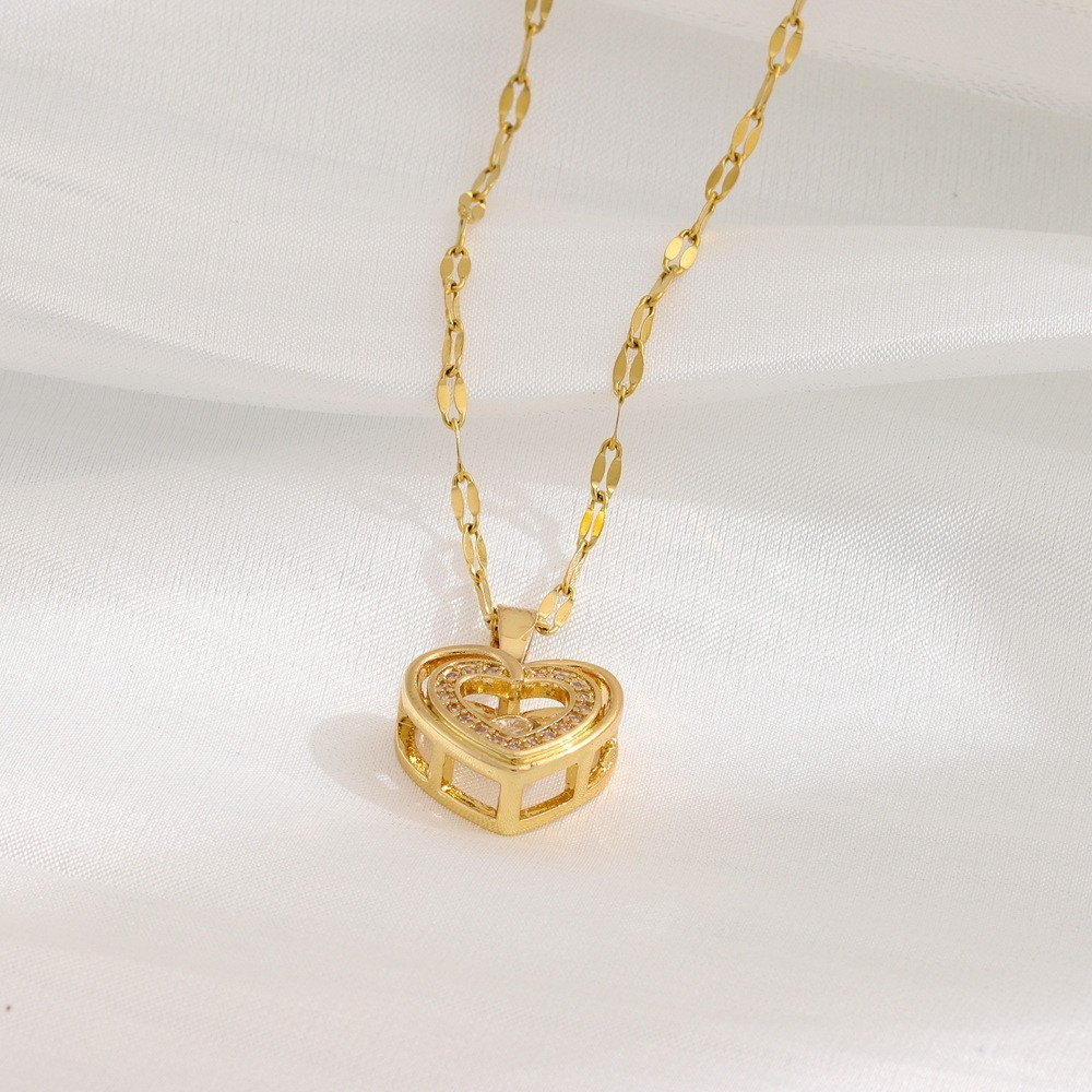 Double Layer Heart Necklace Rhinestone Titanium Steel Women Gift