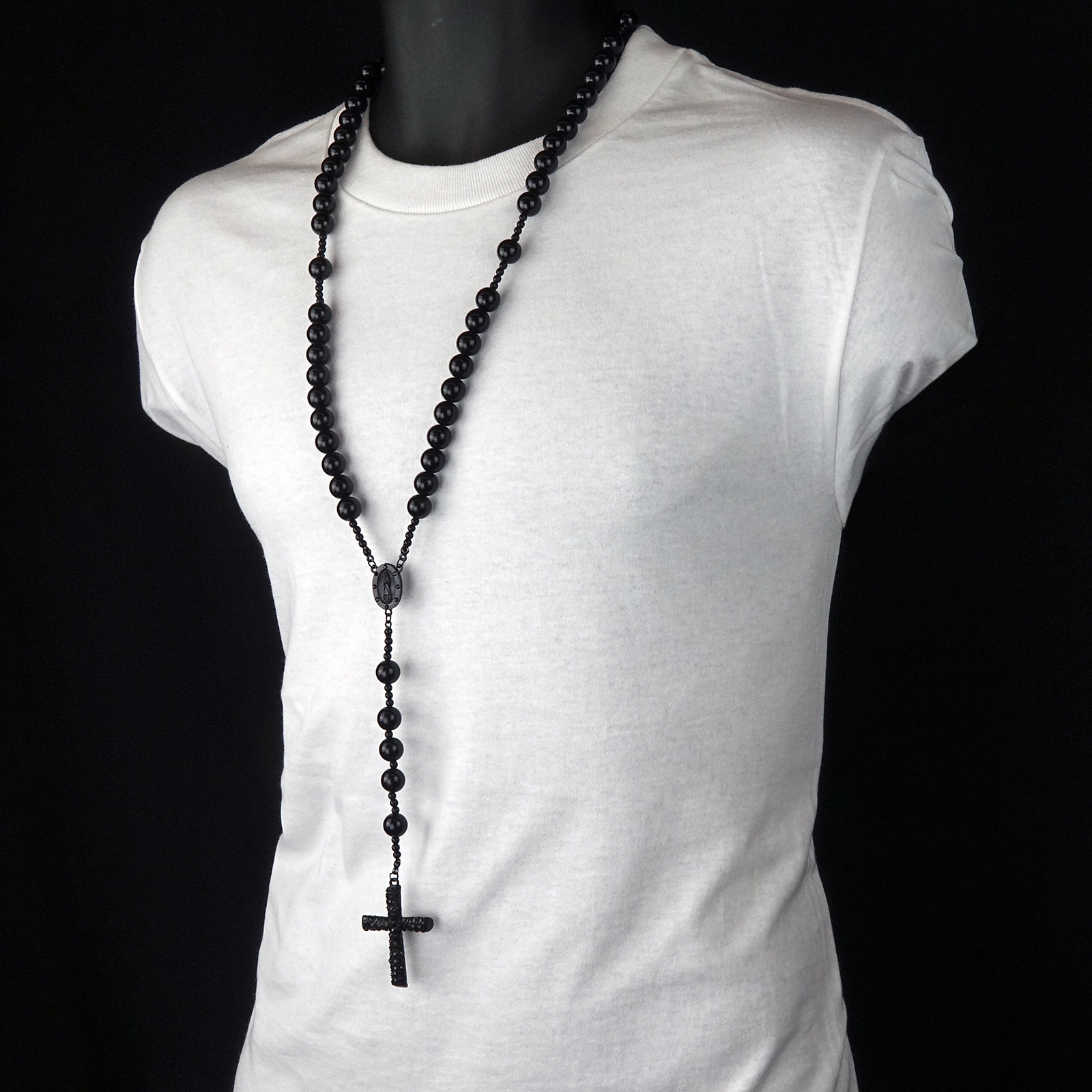 Men’s Hip Hop 15mm BLACK Beads Cubic-Zirconia Guadalupe Rosary & Jesus Cross BK