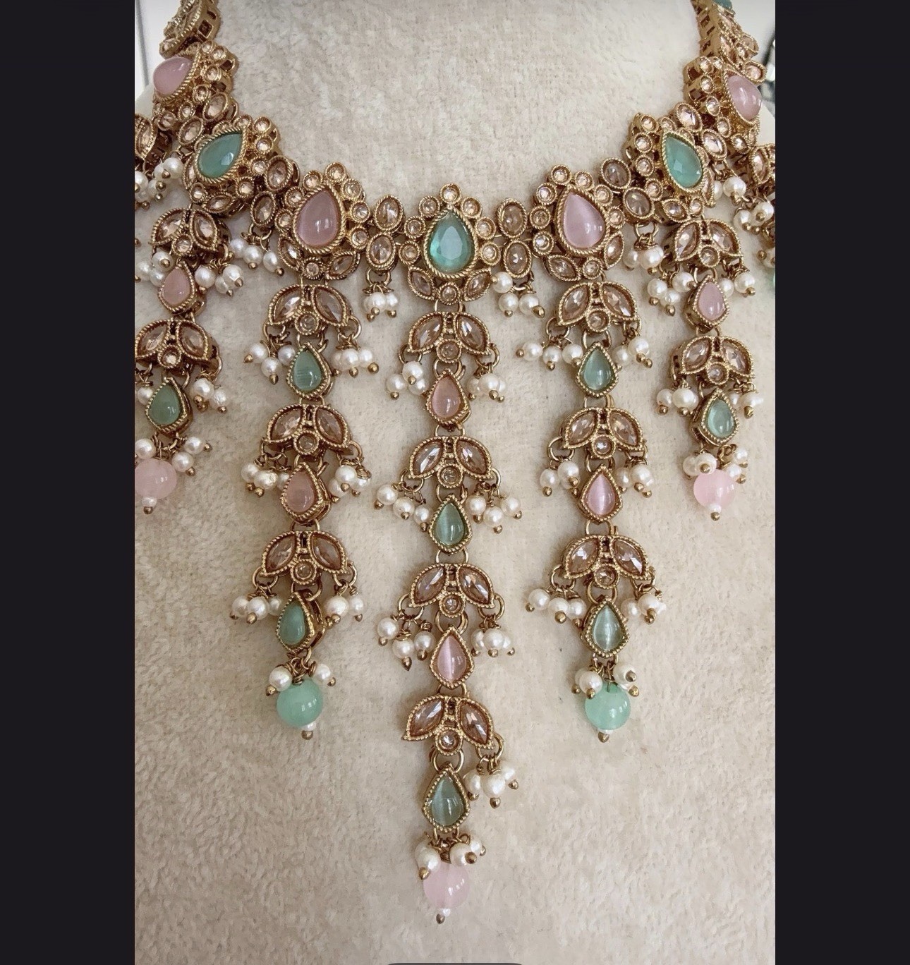 Gold tone Pink & Green Teardrop Stone Dangle Necklace & Earrings Jewelry Set