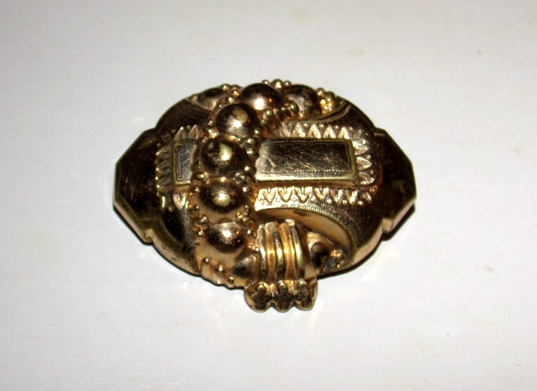 Antique 1800’s Tube Hinged C Clasp Gold Toned Decorative Metal Brooch Victorian