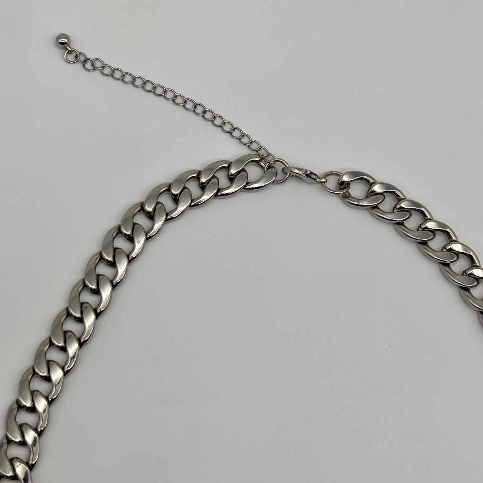 Chunky Silver-Tone Cuban Link Chain Necklace W/Faux Safety Pin Accent Adjustable