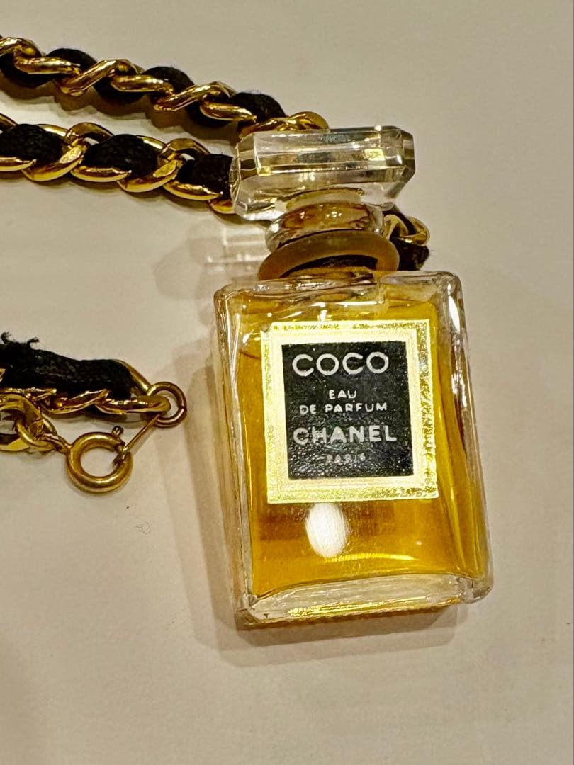 CHANEL Perfume Necklace Coco Logo Vintage Matelasse Chain Black Gold 58cm Womans