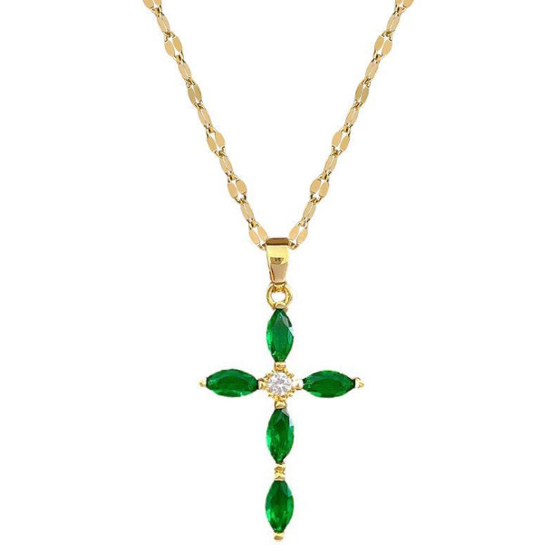 Women 18K Gold Stainless Steel Pink Green CZ Cross Pendant Necklace w Chain AG