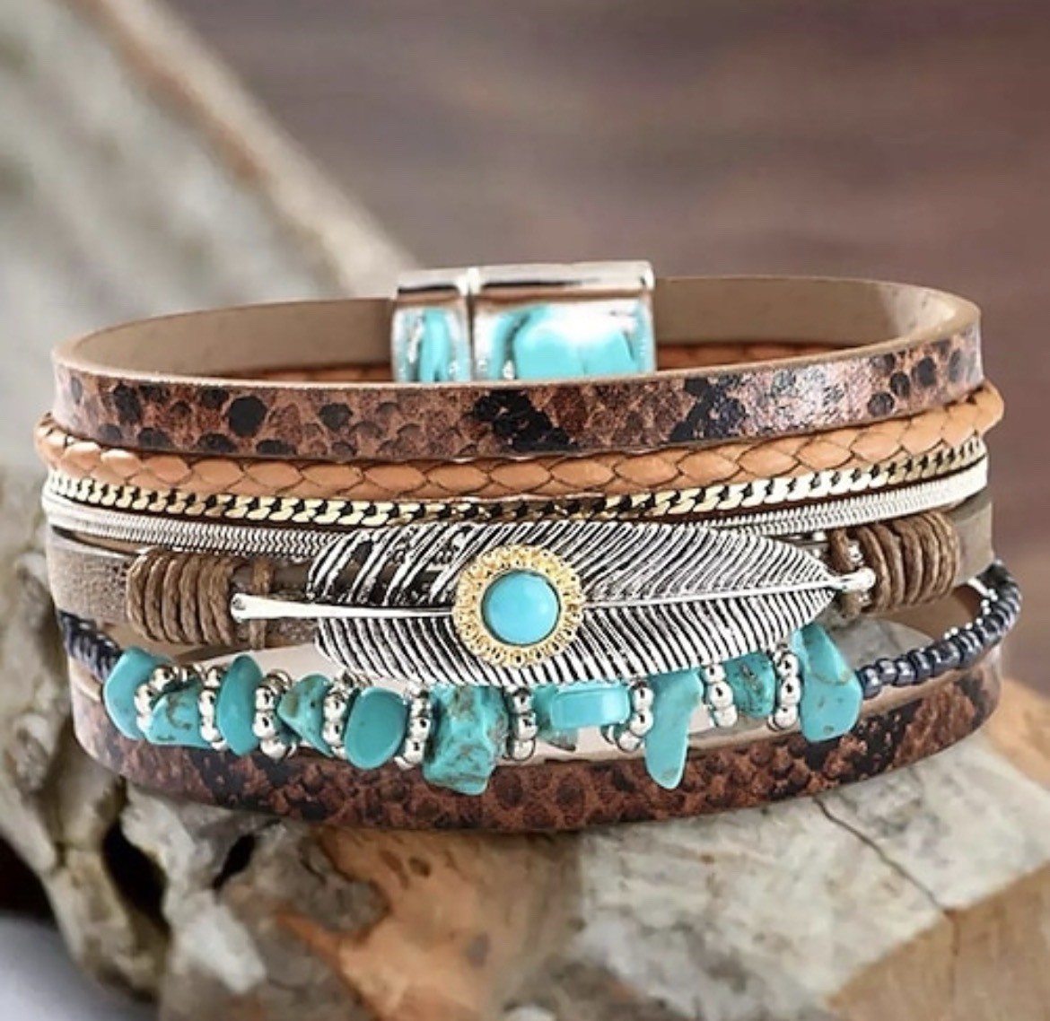 Southwestern Style Layered Cuff Bracelet Turquoise Mixed Metals Brown Leather