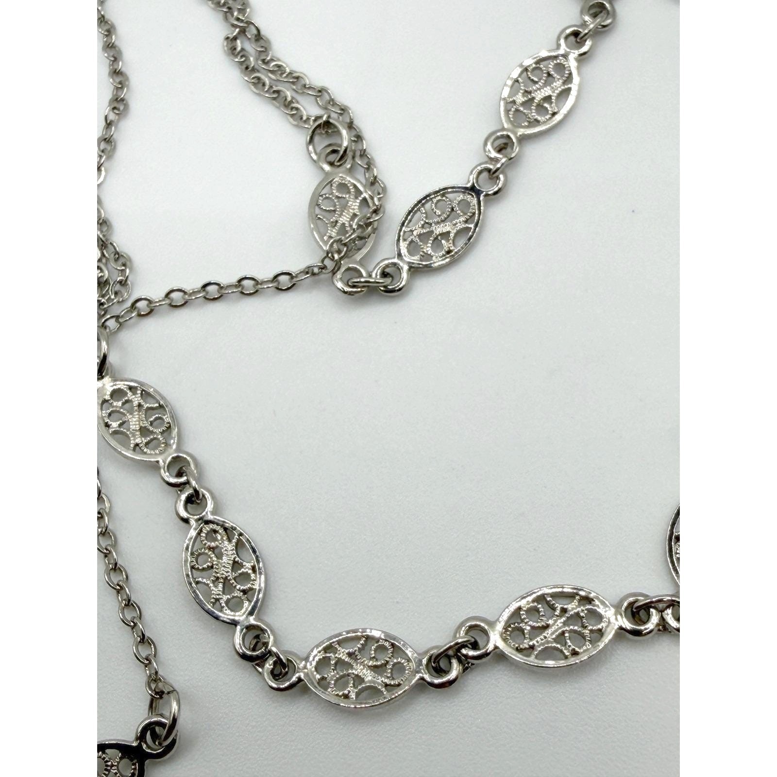 Long Silver Filigree Chain Layering Necklace 44″ Delicate Continuous Strand