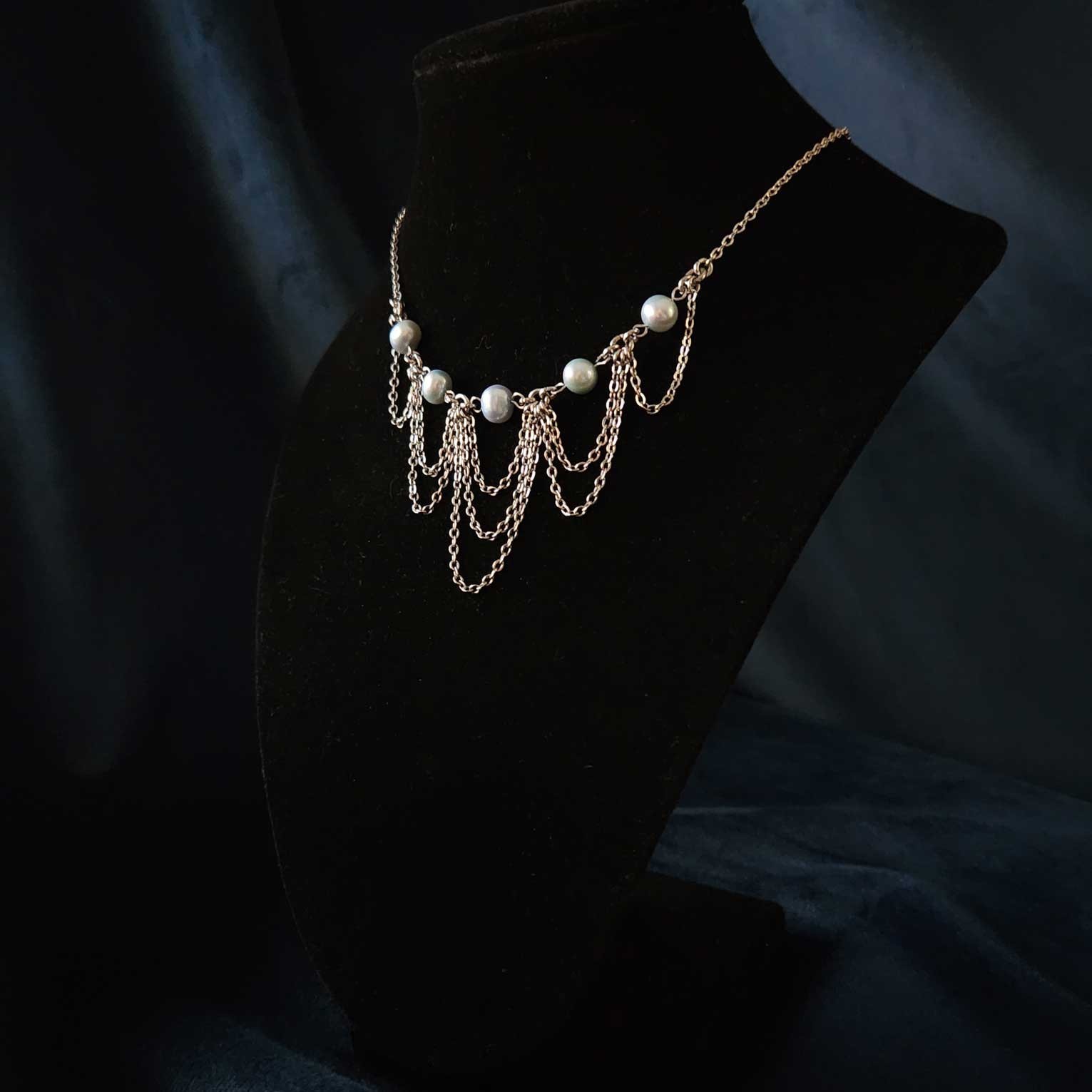 Vintage medieval style princess genuine blue pearls & silver chandelier necklace